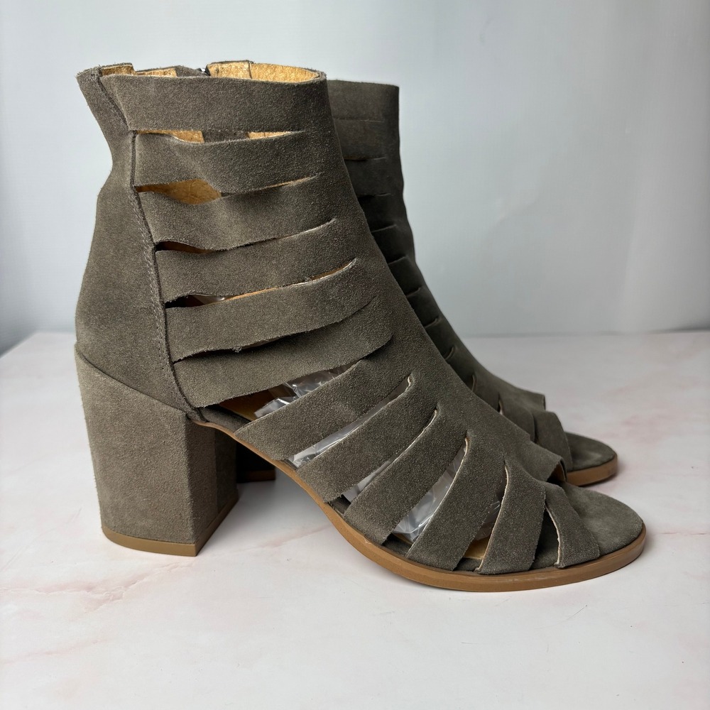 Diba Women 9M Taupe Suede Cage Block Heel Open Toe Booties Gray Strappy Sandal